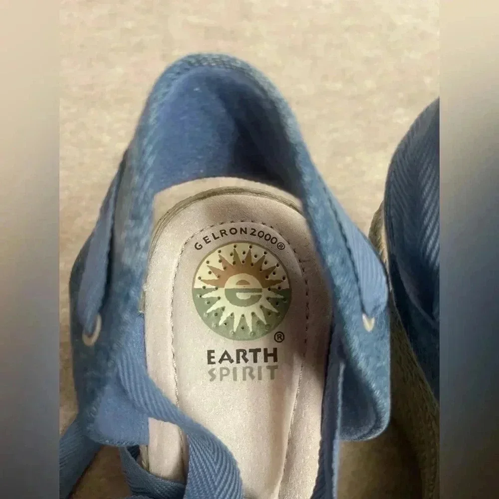 Earth Spirit Gerlon 2000 Monroe Blue Denim Beaded Lace Up Wedge Sandals Size 8.5